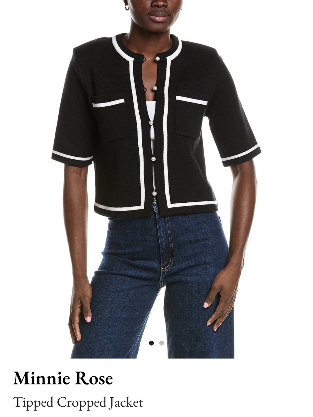Black Knit Cardigan with White Accents - Pearl Buttons